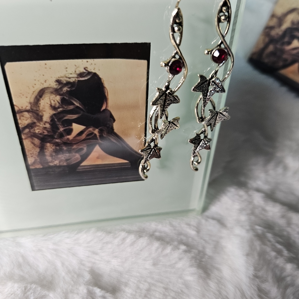 Long Silver Leaf & Vine Garnet Earings